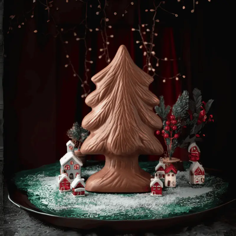 Close-up view of the Aaraya Chocolates Christmas Tree, a 40 cm tall and 1,700g delight crafted from premium chocolate. The intricate details and rich cocoa hues make it a perfect centerpiece for festive celebrations.