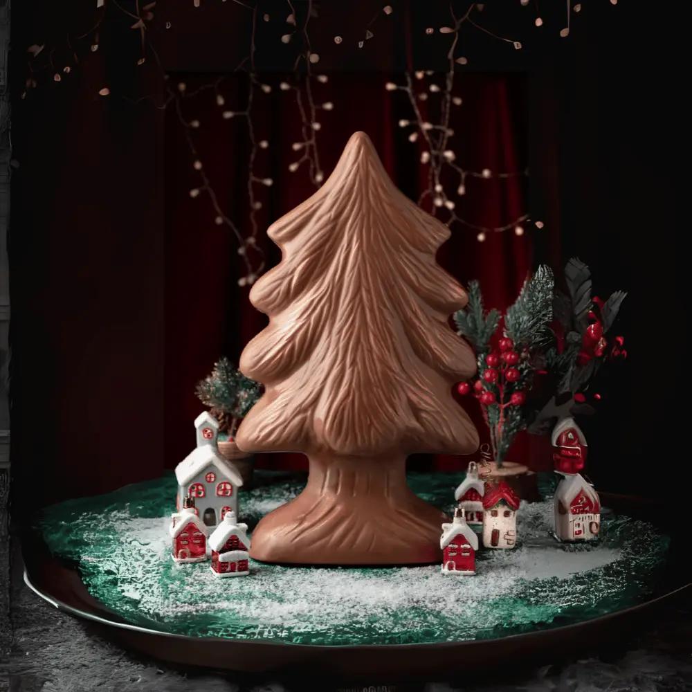Close-up view of the Aaraya Chocolates Christmas Tree, a 40 cm tall and 1,700g delight crafted from premium chocolate. The intricate details and rich cocoa hues make it a perfect centerpiece for festive celebrations.