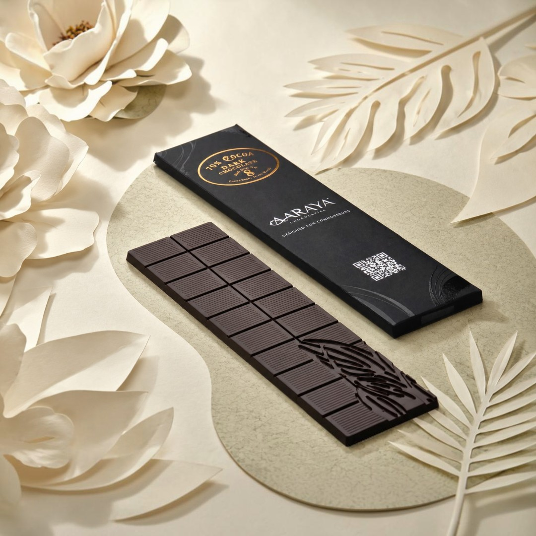 AARAYA 70% Dark Chocolate Bar 100g in luxury black packaging