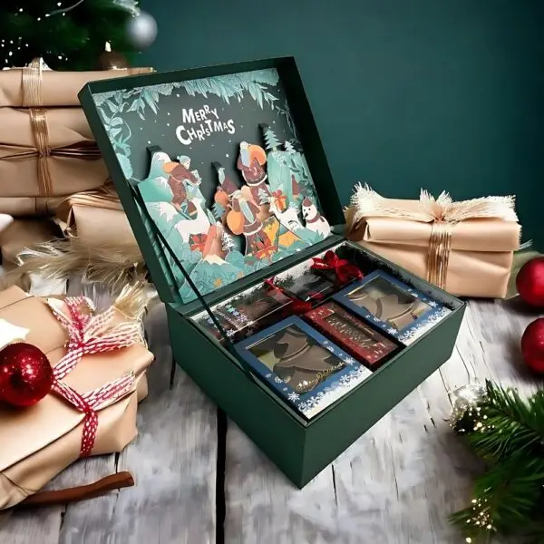 Magical Festive Chocolate Hamper by AARAYA® featuring handcrafted luxury chocolate figurines, including Santa Claus, reindeer, snowman, and more, elegantly packaged in a premium hamper box, perfect for Christmas gifting and celebrations.