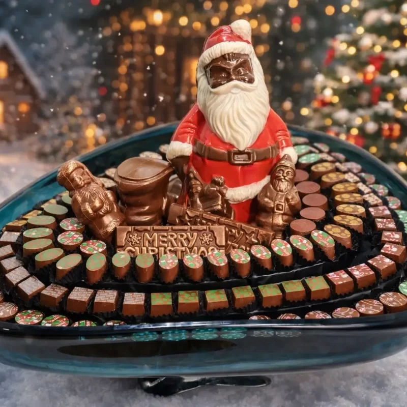 AARAYA Festive Chocolate Collection Winter Wonderland Tray featuring luxury assorted chocolates and handcrafted Christmas figurines arranged in a premium festive tray.