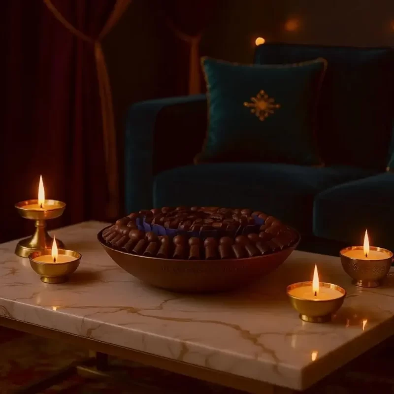 AARAYA® Artisanal Chocolate Tray – Bronze Luxe Edition with 174 artisanal chocolates and 22 signature chocolates elegantly arranged in a bronze tray, perfect for Diwali, weddings, and luxury corporate gifting in Dubai.