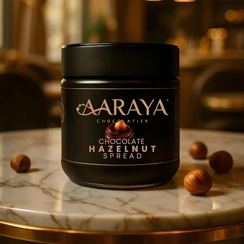 AARAYA® Chocolate Hazelnut Spread 250g jar on a marble table, crafted with fine chocolate and roasted hazelnuts, 50% less sugar, gluten-friendly, luxury gourmet spread in Dubai.