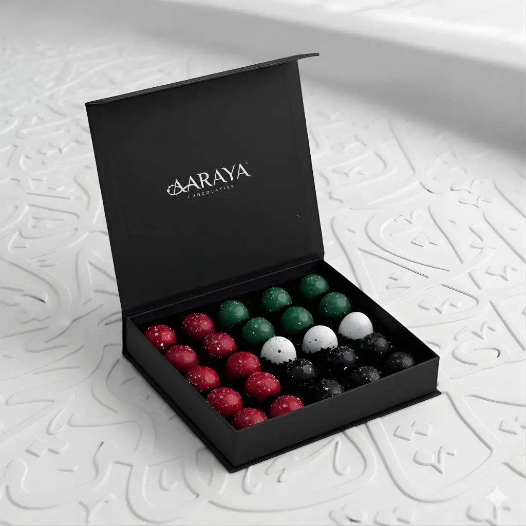 Luxury black compact gift box by AARAYA® containing 25 artisanal chocolates arranged in UAE National Day colours.