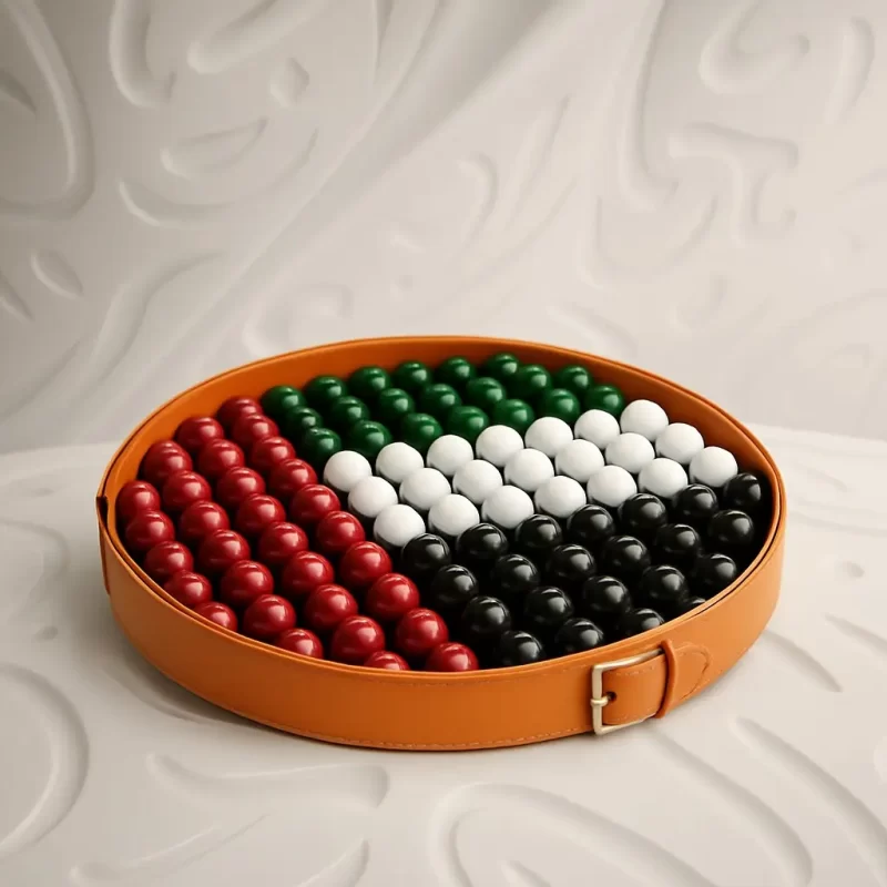 Round luxury chocolate tray by AARAYA featuring 135 handcrafted chocolates arranged in UAE flag colours for National Day