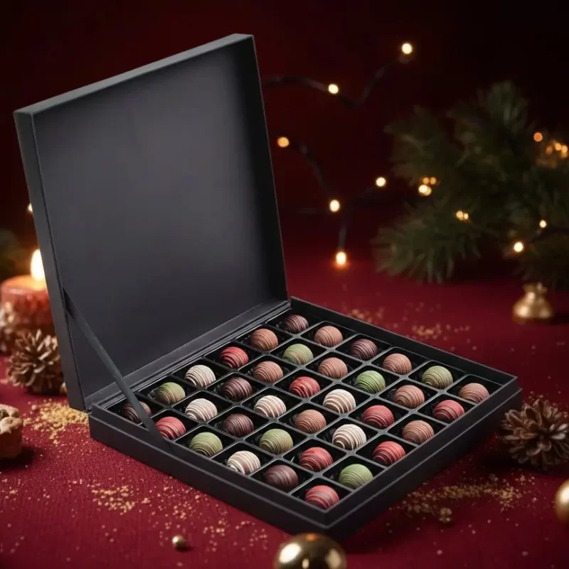 Luxury AARAYA® Christmas Chocolate Box - Luxe Black Edition with 36 handcrafted festive chocolates in a matte black gift box.