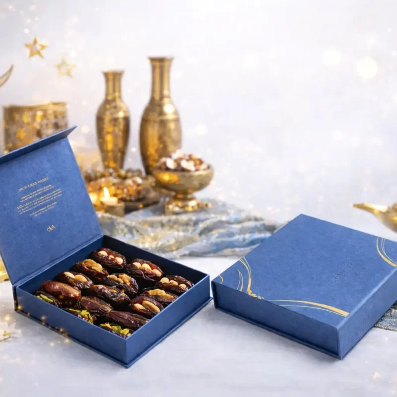 Luxury blue Ramadan stuffed dates gift box by AARAYA® featuring premium filled Medjool dates in an elegant crescent-inspired presentation