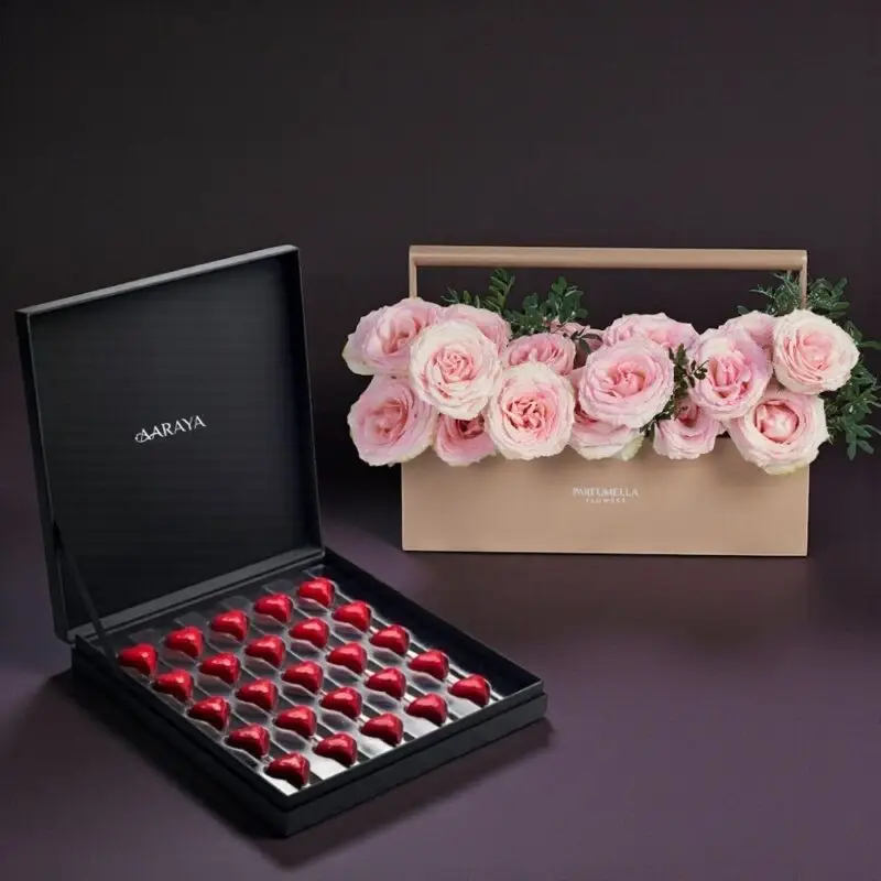 AARAYA Premium Valentine Chocolate and Esperance Rose Gift Set with heart-shaped chocolates and pink roses in luxury presentation