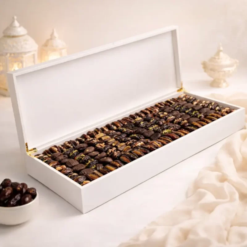 Ultra luxury long wooden Ramadan dates box by AARAYA® featuring premium chocolate coated and filled Medjool dates in an elegant 80 x 30 cm presentation
