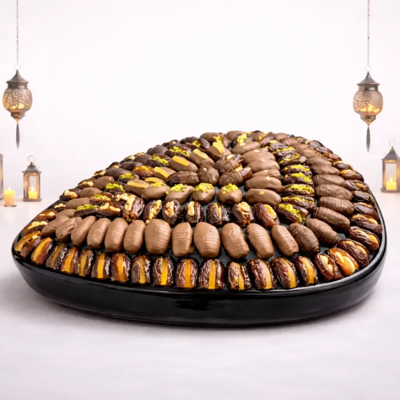Grand luxury Ramadan chocolate coated dates platter by AARAYA® featuring premium filled Medjool dates arranged as a royal Iftar centrepiece.