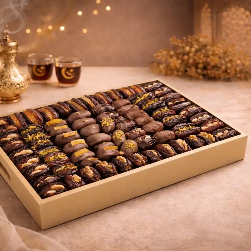 Luxury rectangular gourmet dates tray by AARAYA® featuring premium chocolate coated and filled Medjool dates in an elegant 47 x 31 cm presentation.