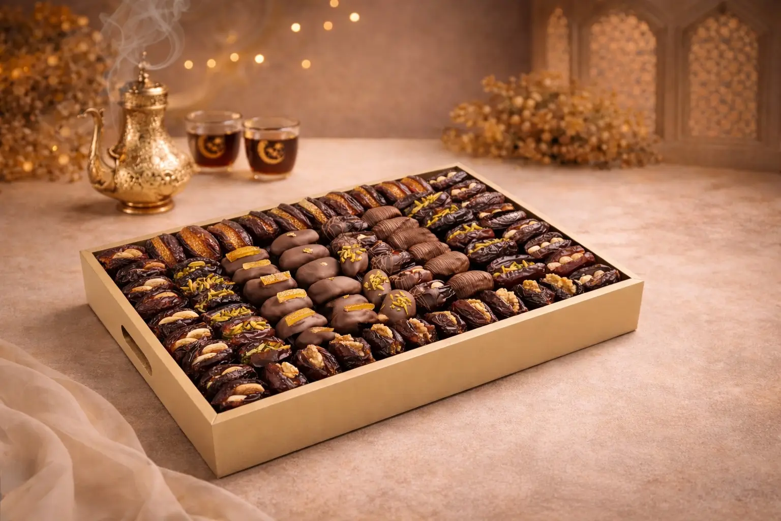 Luxury rectangular gourmet dates tray by AARAYA® featuring premium chocolate coated and filled Medjool dates in an elegant 47 x 31 cm presentation.