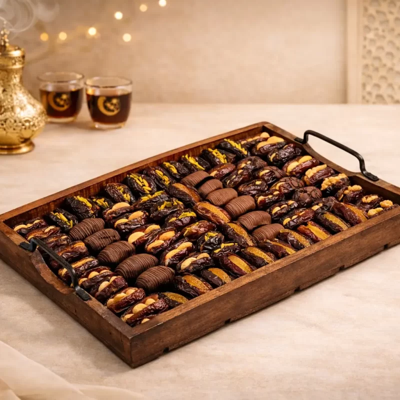 Luxury wooden heritage dates tray by AARAYA® featuring premium chocolate coated and filled Medjool dates in an elegant 44 x 30 cm presentation.