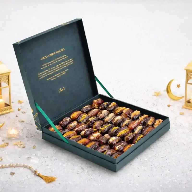 Luxury green Ramadan stuffed dates gift box by AARAYA® featuring premium filled Medjool dates in a medium-sized square presentation