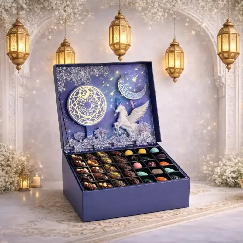 Luxury Ramadan gift box by AARAYA® featuring filled Medjool dates and signature chocolates in a celestial midnight crescent themed presentation.