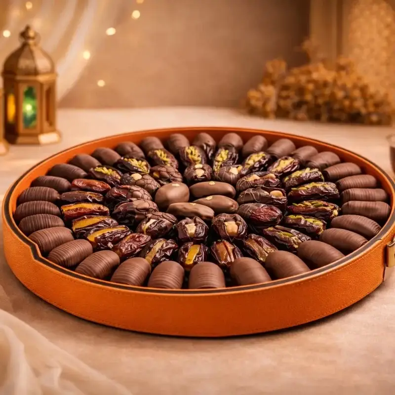 Luxury round dates assortment tray by AARAYA® featuring premium chocolate coated and filled Medjool dates in an elegant 36 cm presentation