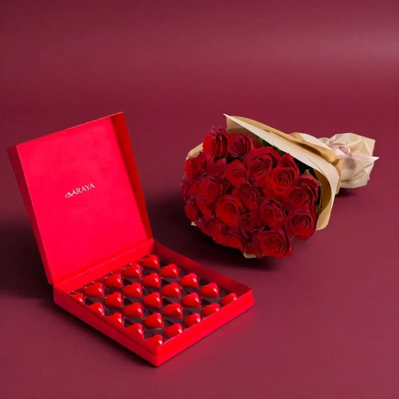 AARAYA Luxury Valentine Chocolate and Red Rose Gift Box with heart-shaped chocolates and premium red roses