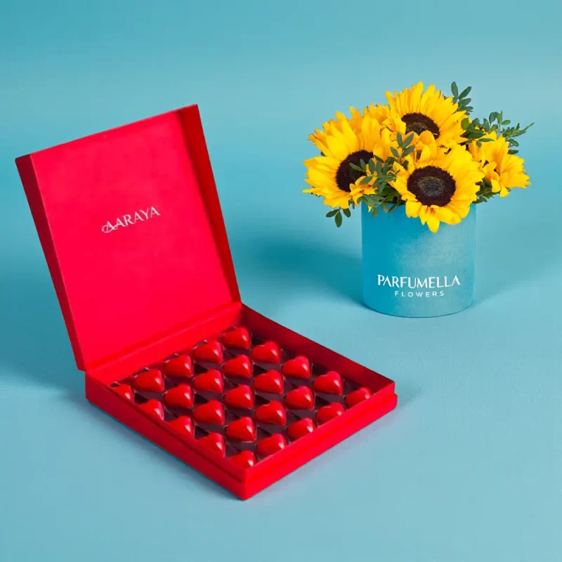 AARAYA Valentine’s Heart Chocolate and Sunflower Gift Collection featuring red heart chocolates and sunflower hatbox.