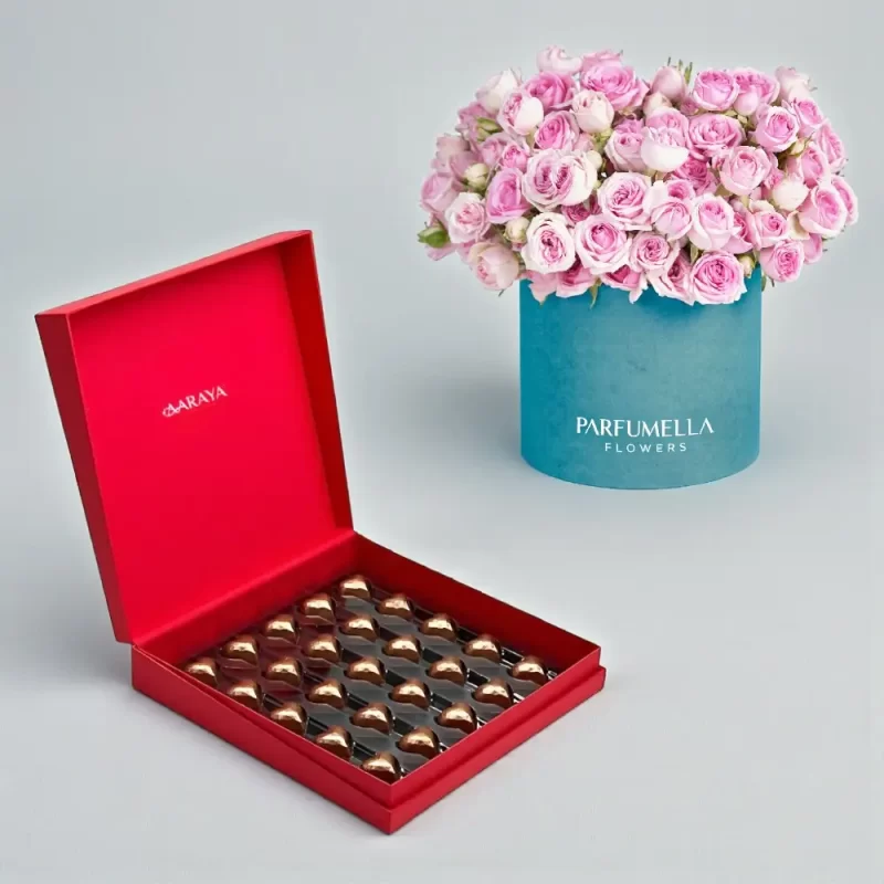 AARAYA Valentine’s Golden Heart Chocolate and Pink Rose Luxury Gift Set in red box and floral hatbox