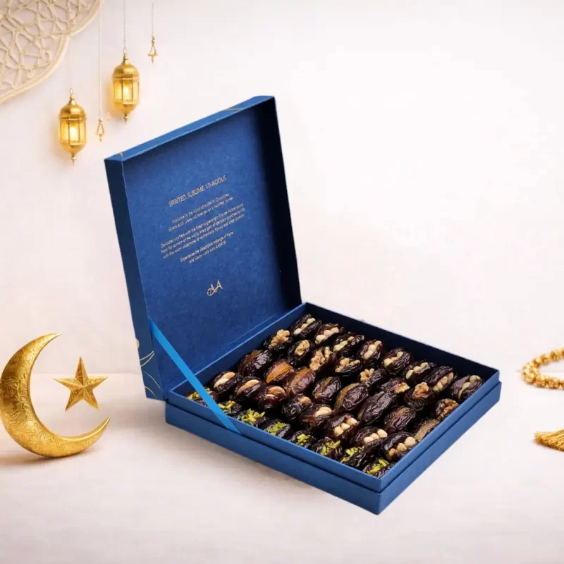 Luxury Blue Ramadan gourmet stuffed dates gift box by AARAYA® featuring premium filled Medjool dates in a medium square presentation