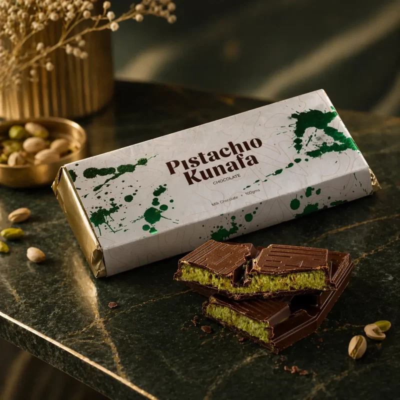 AARAYA Pistachio Kunafa milk chocolate bar with crispy kunafa and rich pistachio filling
