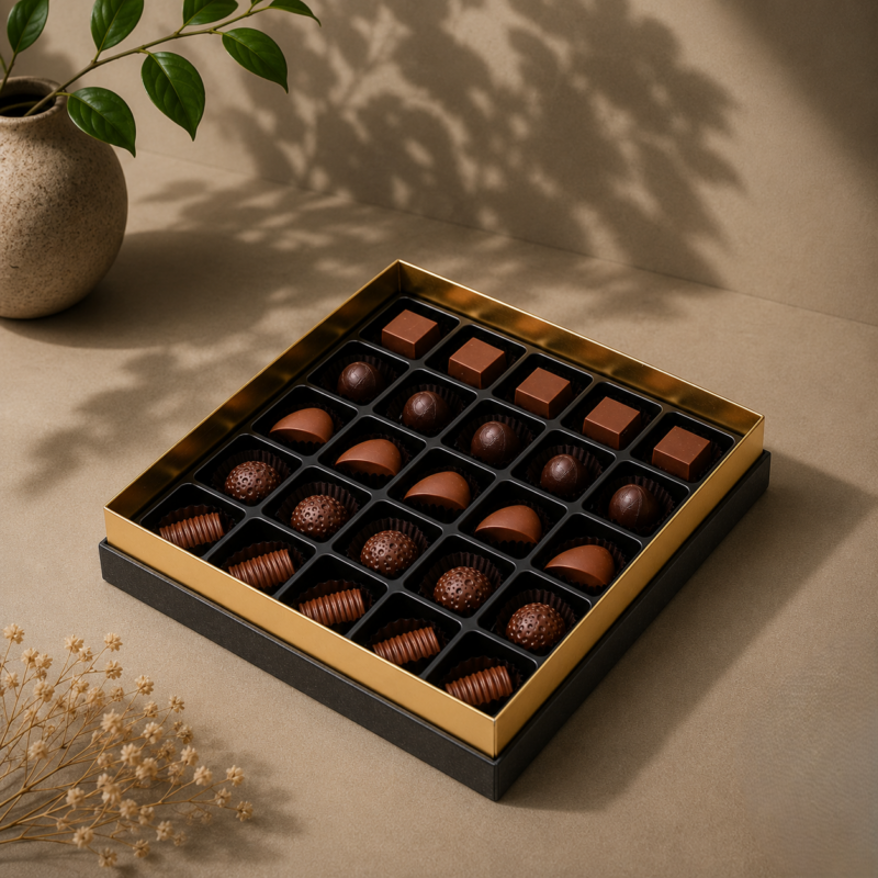 Premium Artisan Chocolate Box 25 Pcs in luxury black AARAYA gift box with assorted milk and dark chocolates