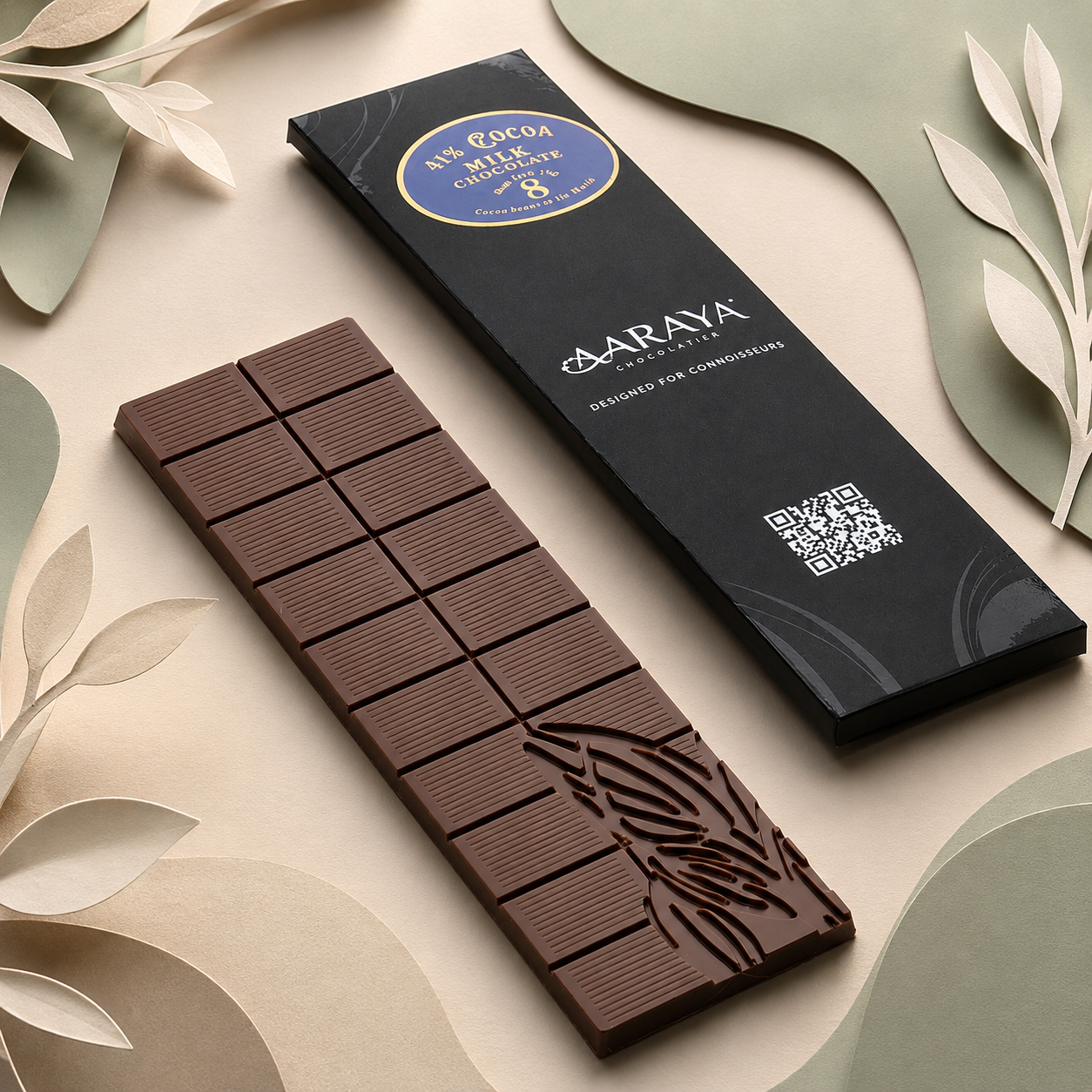 AARAYA 41% Milk Chocolate Bar 100g in premium black packaging