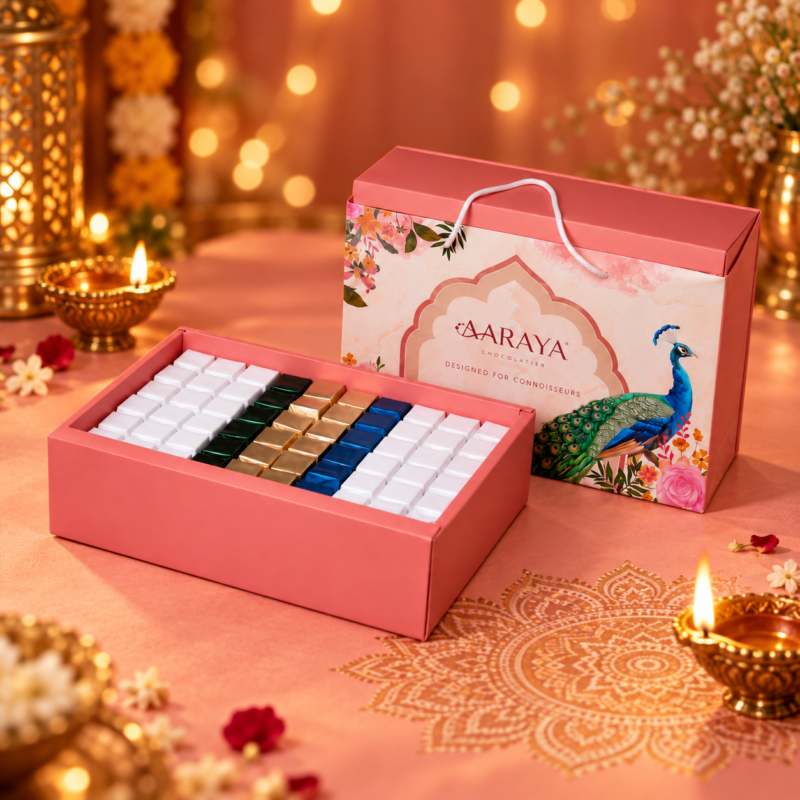 AARAYA Luxury Diwali Chocolate Gift Box Regal Peacock with colourless filled chocolates