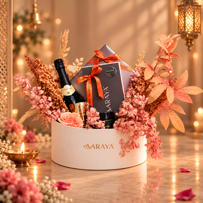 AARAYA Luxury Diwali Gift Hamper Amber Glow with premium chocolates and festive gifting elements