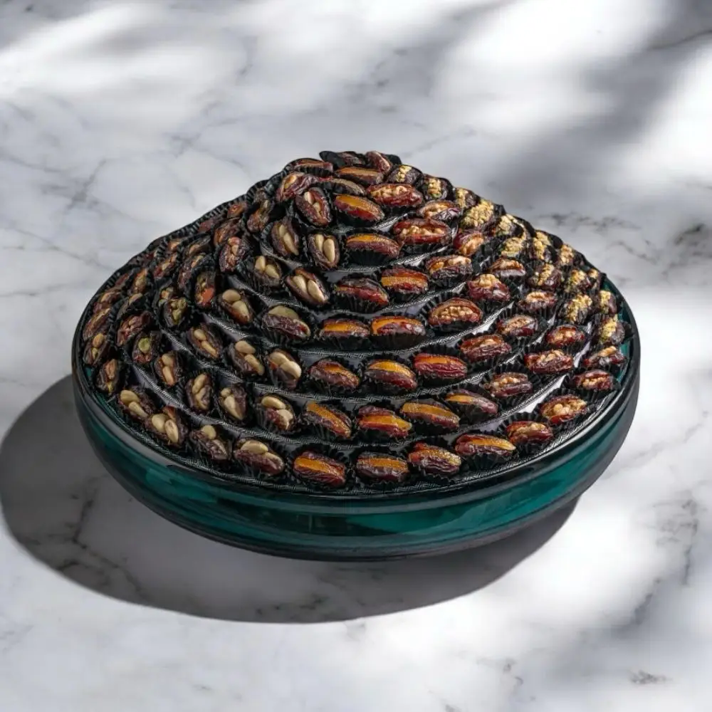 An exquisite assortment of Assorted Luxury Dates by Aaraya Chocolates, showcasing a symphony of premium flavors including Lemon Peel, Pistachio, Orange Peel, Cashew Nut, Salted Hazelnut, Feuilletine Crunch, Walnut, Almond Blanched, and Pistachio Ganache. Each date is a masterpiece of indulgence, promising a sensory journey through the finest gourmet fillings.