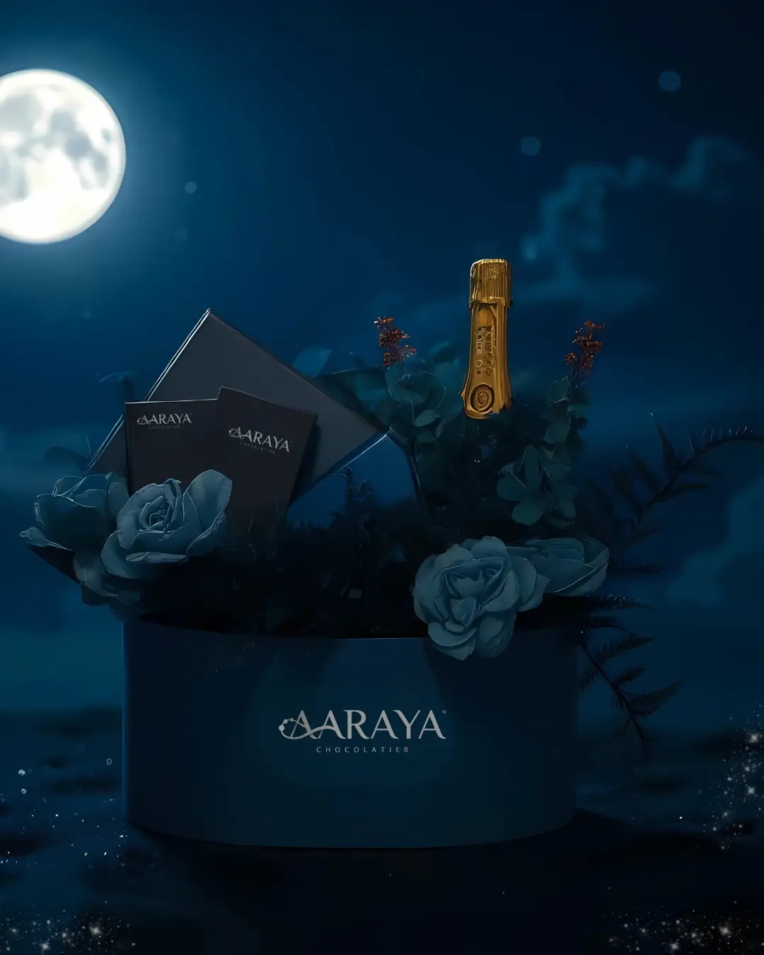 AARAYA® Luxury Celebration Gift Hamper – Midnight Blue Edition featuring signature chocolates, truffle jars, almond dragees, candle, and non-alcoholic champagne in a midnight blue velvet box, perfect for luxury Diwali and corporate gifting in Dubai.