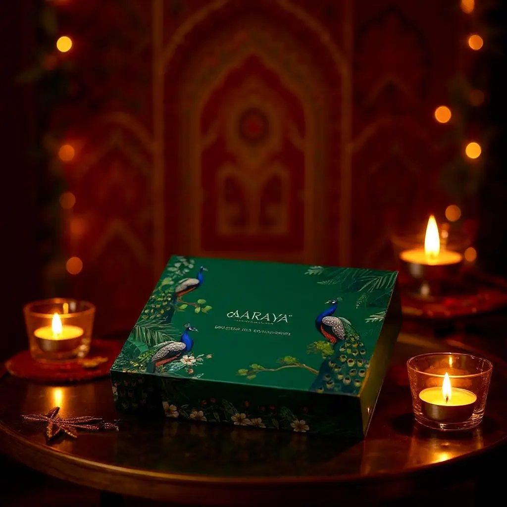 AARAYA® Premium Diwali Chocolate Gift Box – Peacock Green Edition with 104 handcrafted chocolates in six gourmet flavors, presented in an emerald green peacock-inspired luxury box for festive and corporate gifting in Dubai.