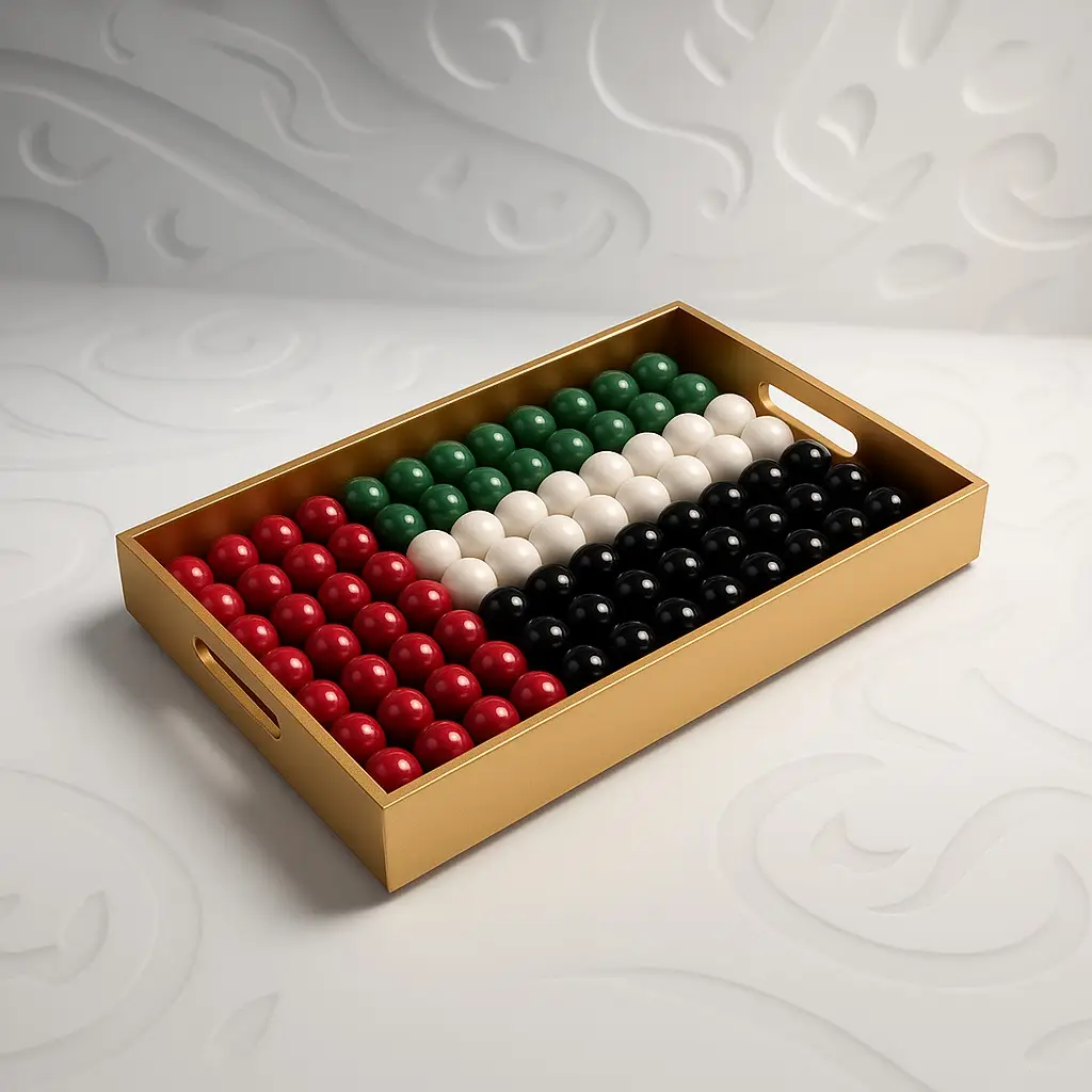AARAYA® Premium UAE National Day Chocolate Tray in a gold presentation tray, filled with 126 spherical chocolates arranged in the colors of the UAE flag—red, green, white, and black—displayed elegantly on an embossed white background.