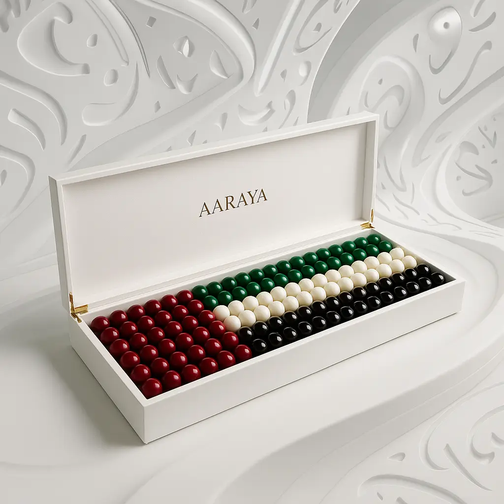 AARAYA® Luxury UAE National Day Chocolate Box – Flag Edition displayed open, featuring 230 spherical chocolates arranged in the colors of the UAE flagred, green, white, and black—inside a long white luxury box with gold accents and the AARAYA logo on the inner lid, set against an elegant white embossed background.