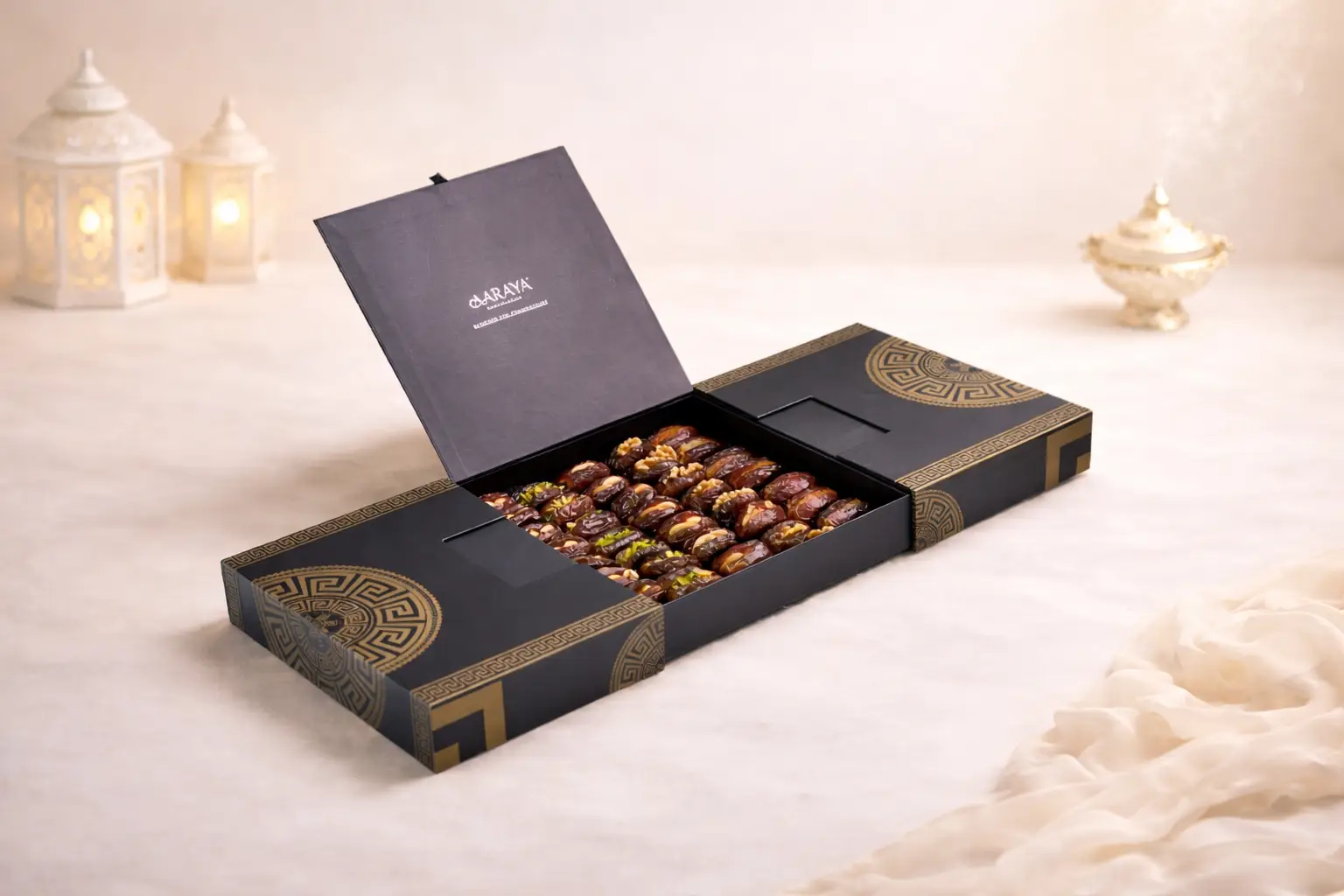 Luxury black and gold Ramadan dates gift box by AARAYA® featuring premium chocolate coated and filled Medjool dates in an elegant 42 x 28 cm presentation.