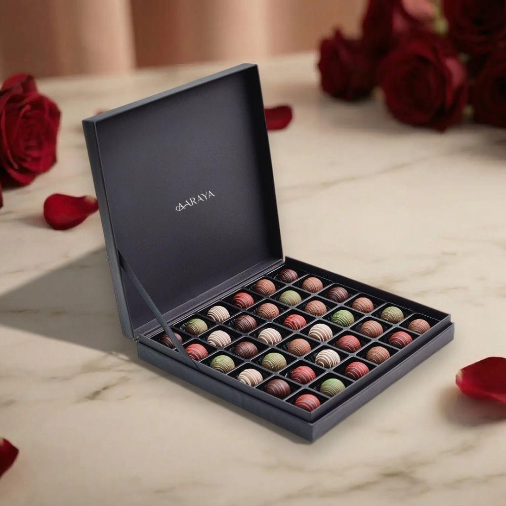 AARAYA Valentine’s Midnight Truffle Collection luxury gift box with 25 premium handcrafted truffles for Valentine’s Day gifting in Dubai UAE