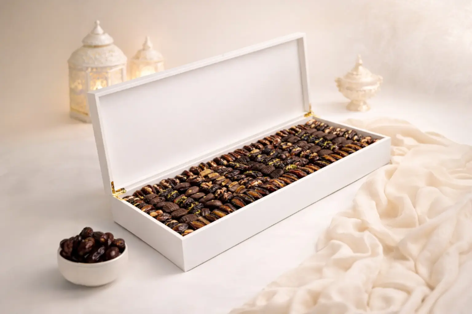 Ultra luxury long wooden Ramadan dates box by AARAYA® featuring premium chocolate coated and filled Medjool dates in an elegant 80 x 30 cm presentation
