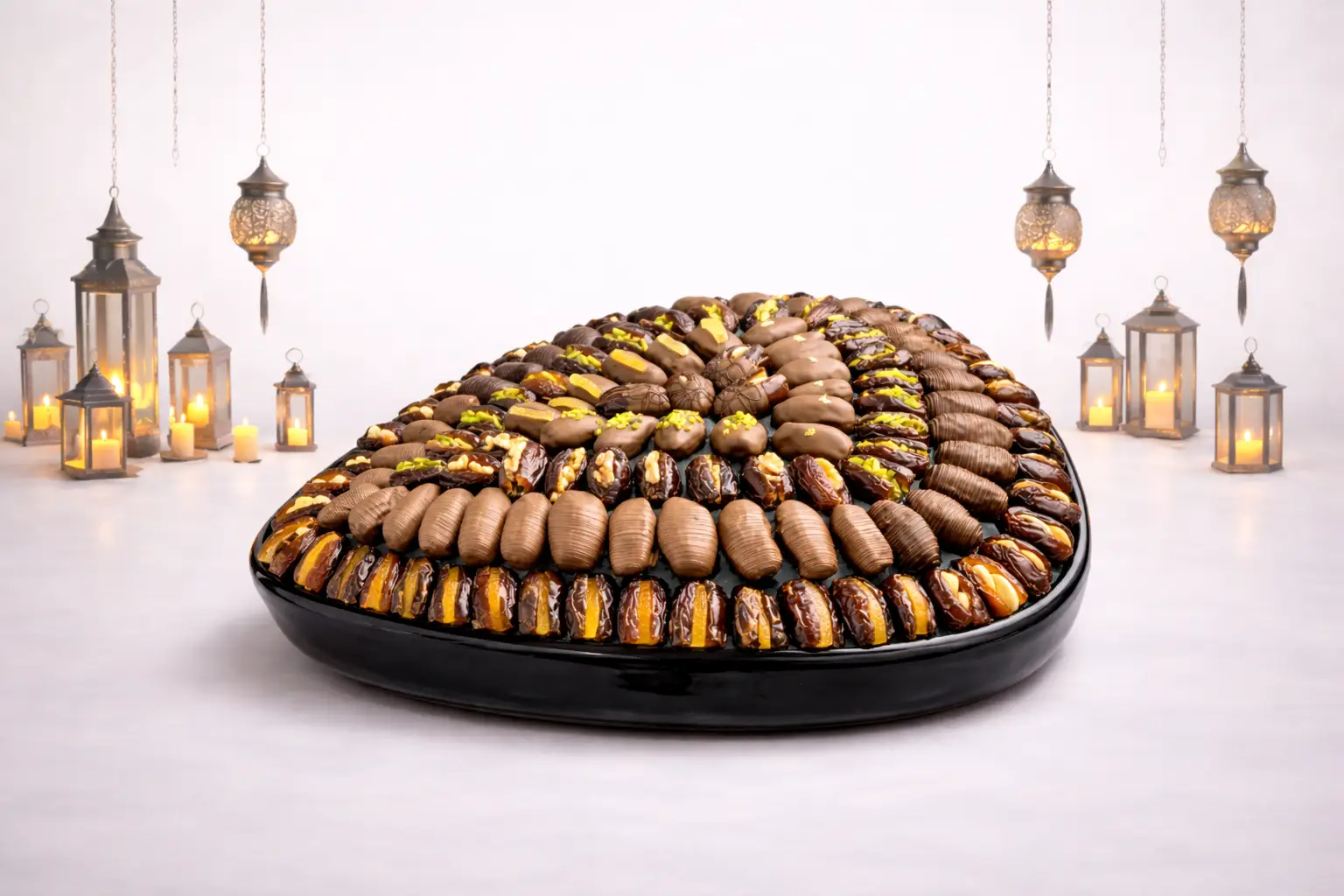 Grand luxury Ramadan chocolate coated dates platter by AARAYA® featuring premium filled Medjool dates arranged as a royal Iftar centrepiece.