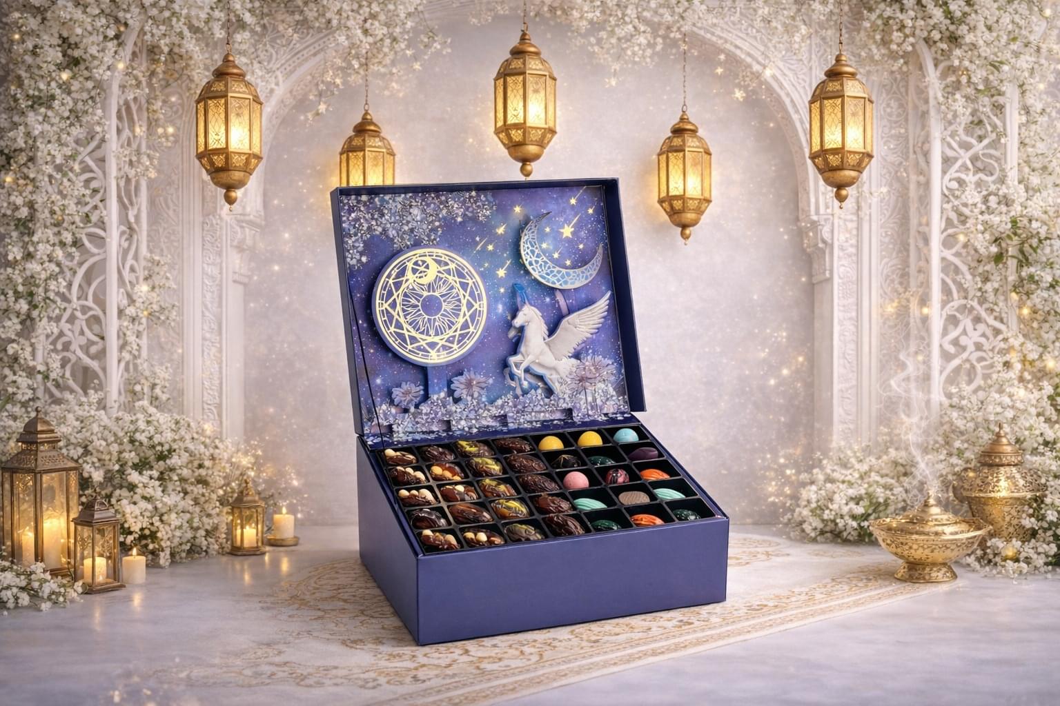 Luxury Ramadan gift box by AARAYA® featuring filled Medjool dates and signature chocolates in a celestial midnight crescent themed presentation.