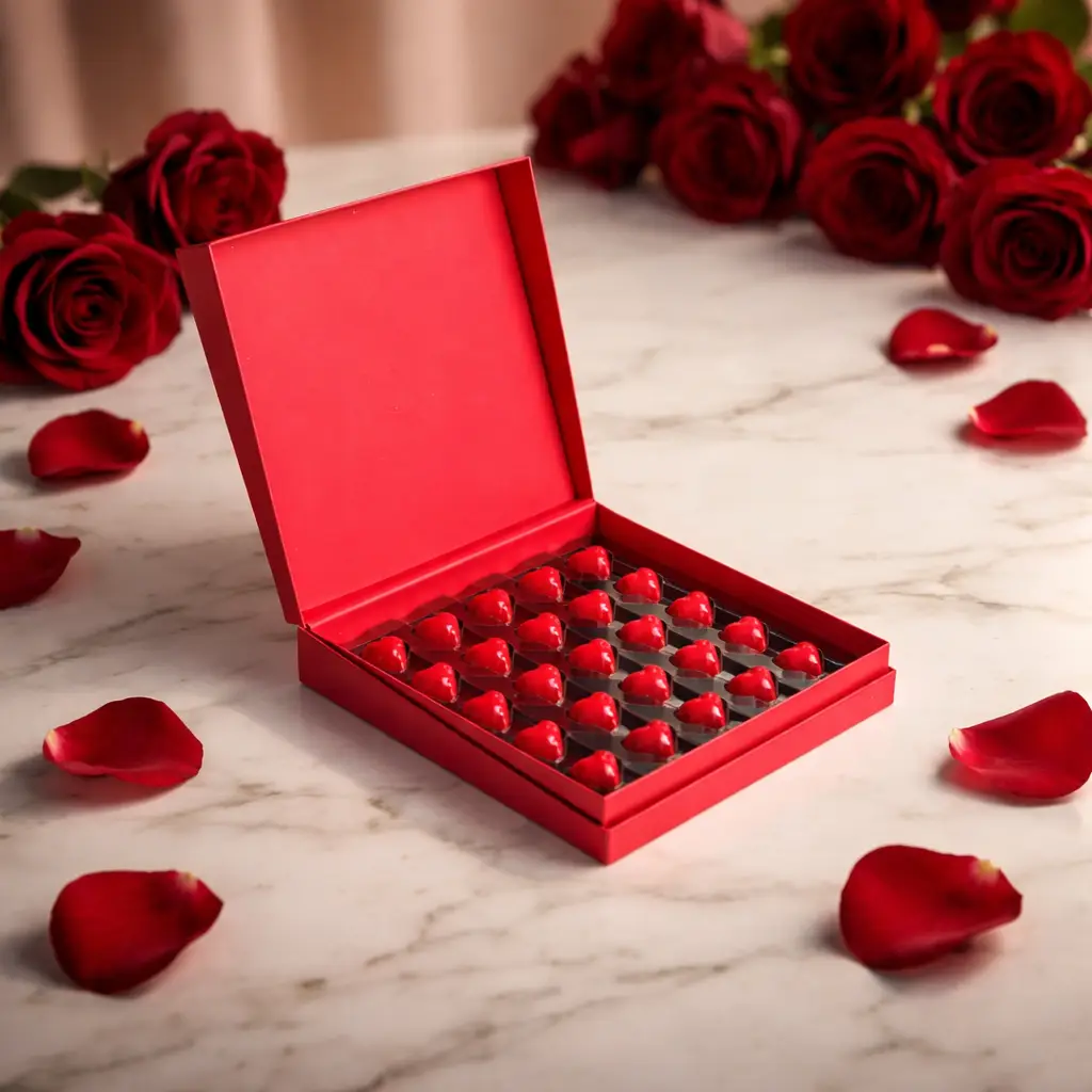 AARAYA Valentine’s Classic Red Heart Chocolate Box with premium filled chocolates in luxury heart-shaped packaging.