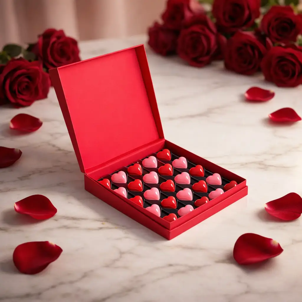 Valentine’s Signature Heart Chocolate Box – Red & Pink Edition featuring 25 premium filled chocolates in a luxury red heart-shaped gift box by AARAYA®.
