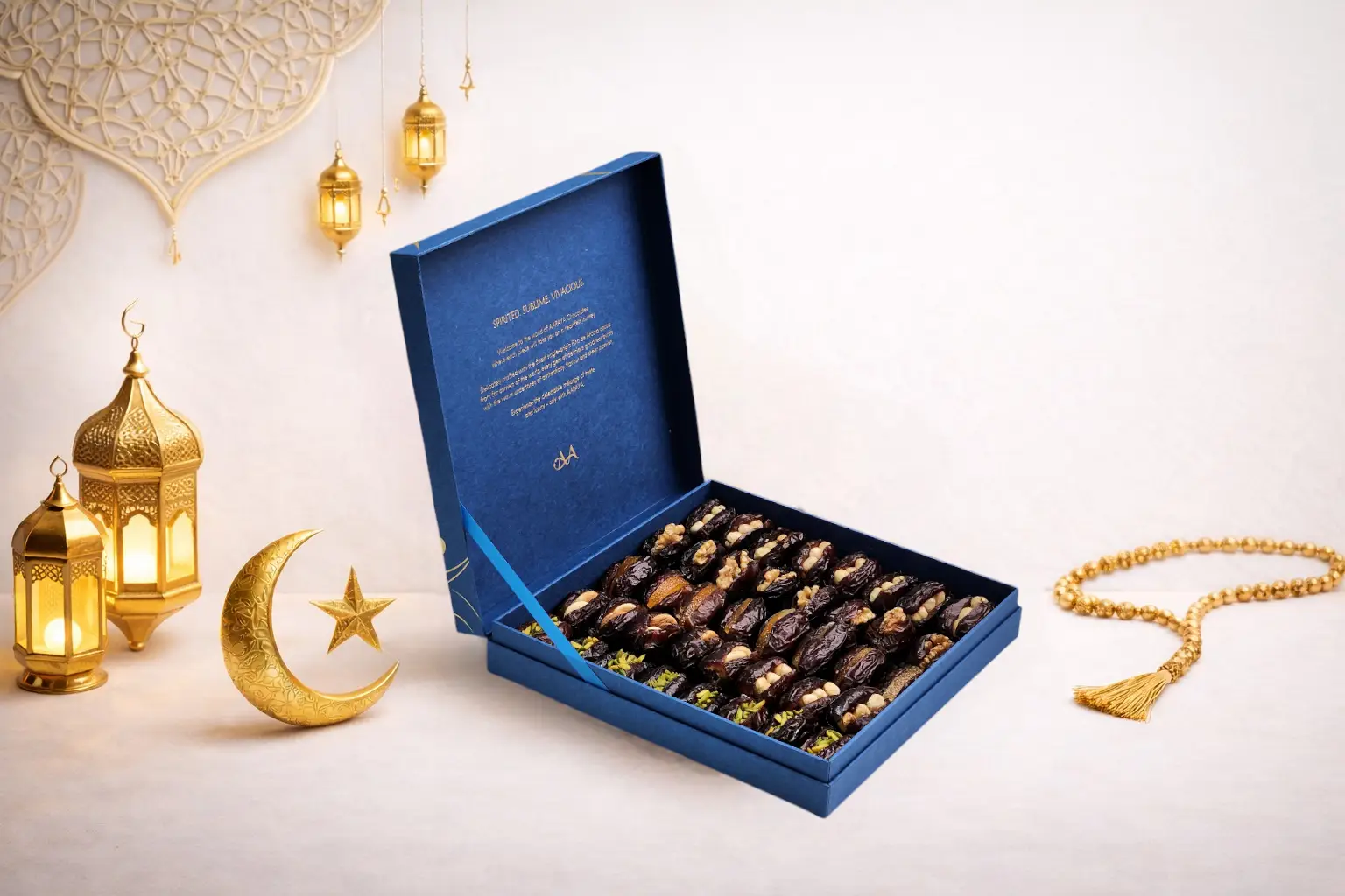 Luxury Blue Ramadan gourmet stuffed dates gift box by AARAYA® featuring premium filled Medjool dates in a medium square presentation