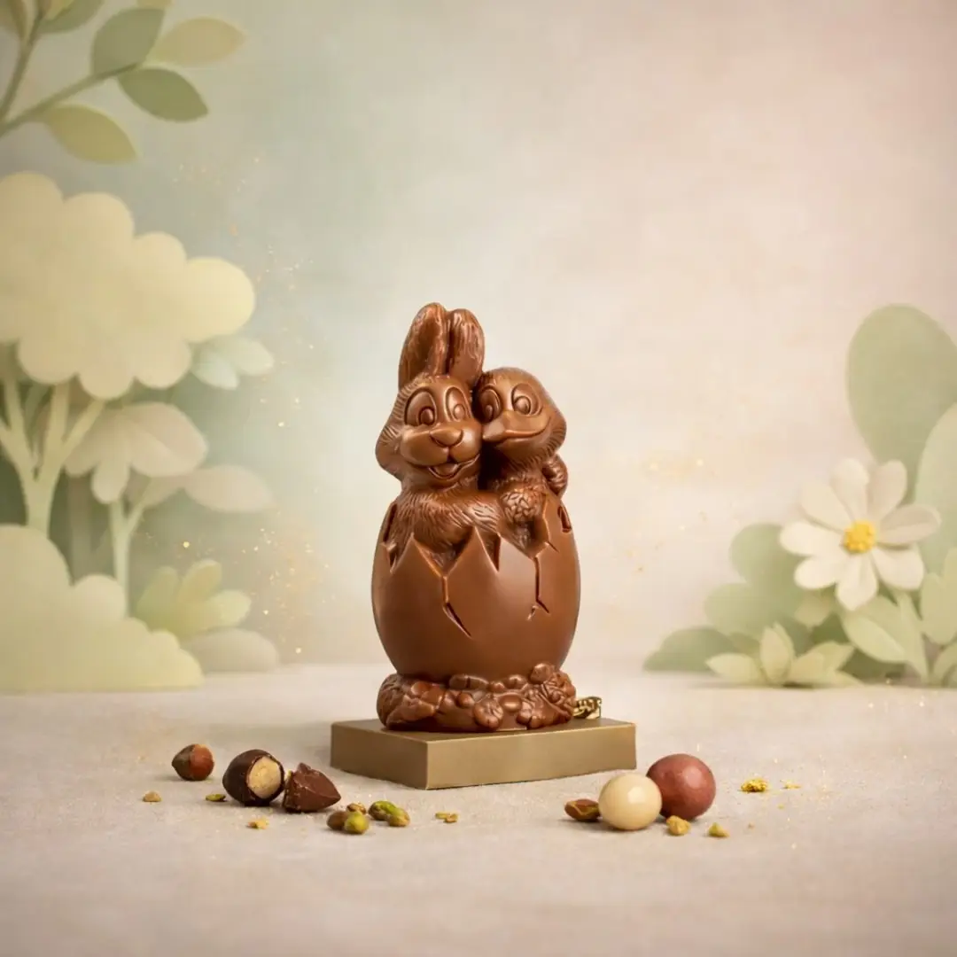 AARAYA® Spring Companions Easter Egg 16 CM – a handcrafted premium chocolate egg accompanied by sculpted bunny and duck figures, made from fine couverture chocolate. A luxurious Easter creation symbolizing joy, friendship, and artisanal elegance.