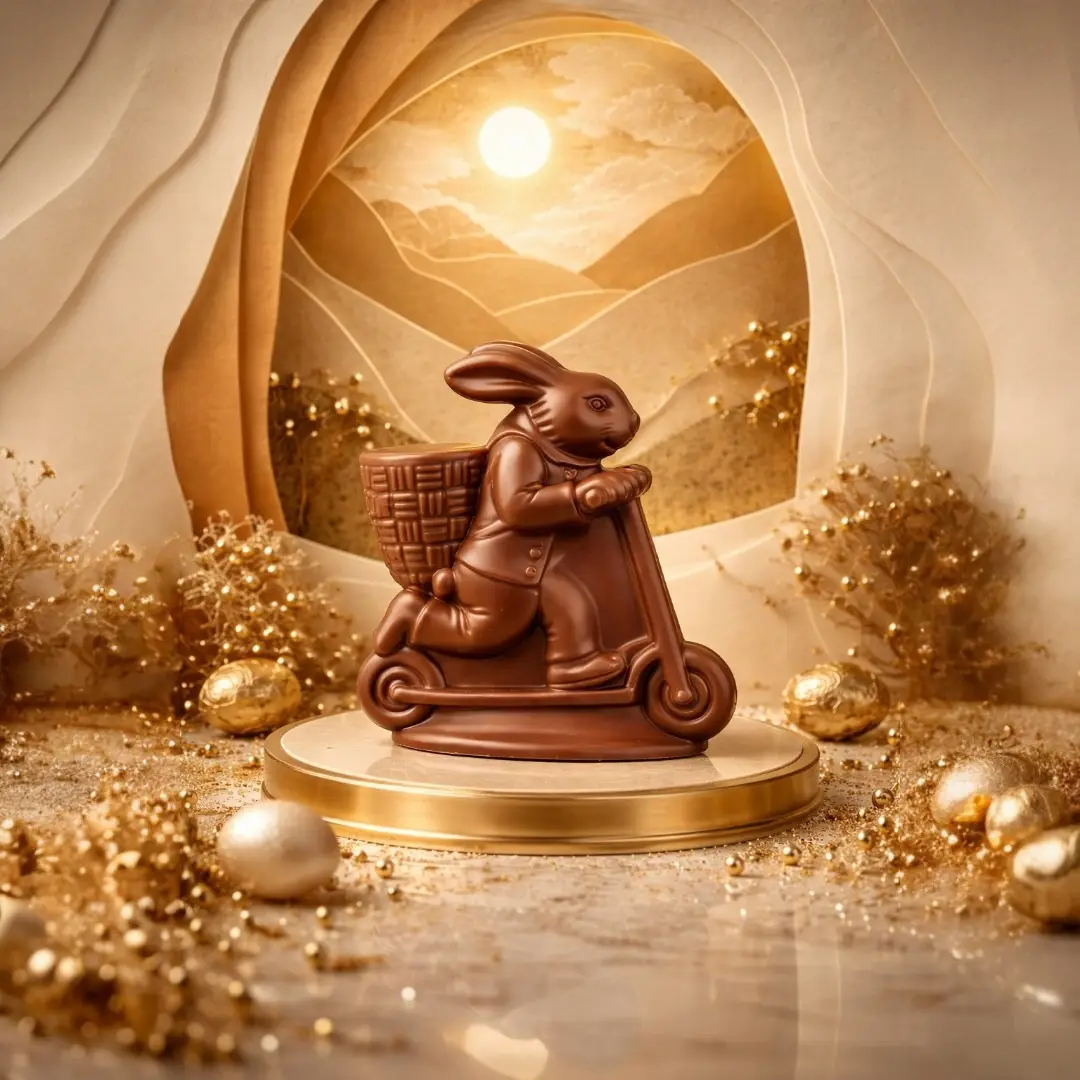 AARAYA® Bunny on a Scooter 12 CM – a handcrafted chocolate sculpture of a lively bunny riding a scooter, made from premium couverture chocolate. A whimsical and luxurious Easter creation.